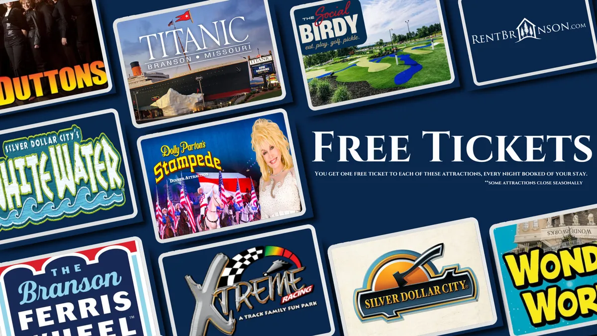 This image features playful, colorful graphics highlighting a 'free tickets promotion' surrounded by icons of popular attractions and activities, such as roller coasters and show tickets. It immediately signals the excitement of theme park adventures and the special value added for families visiting Silver Dollar City.